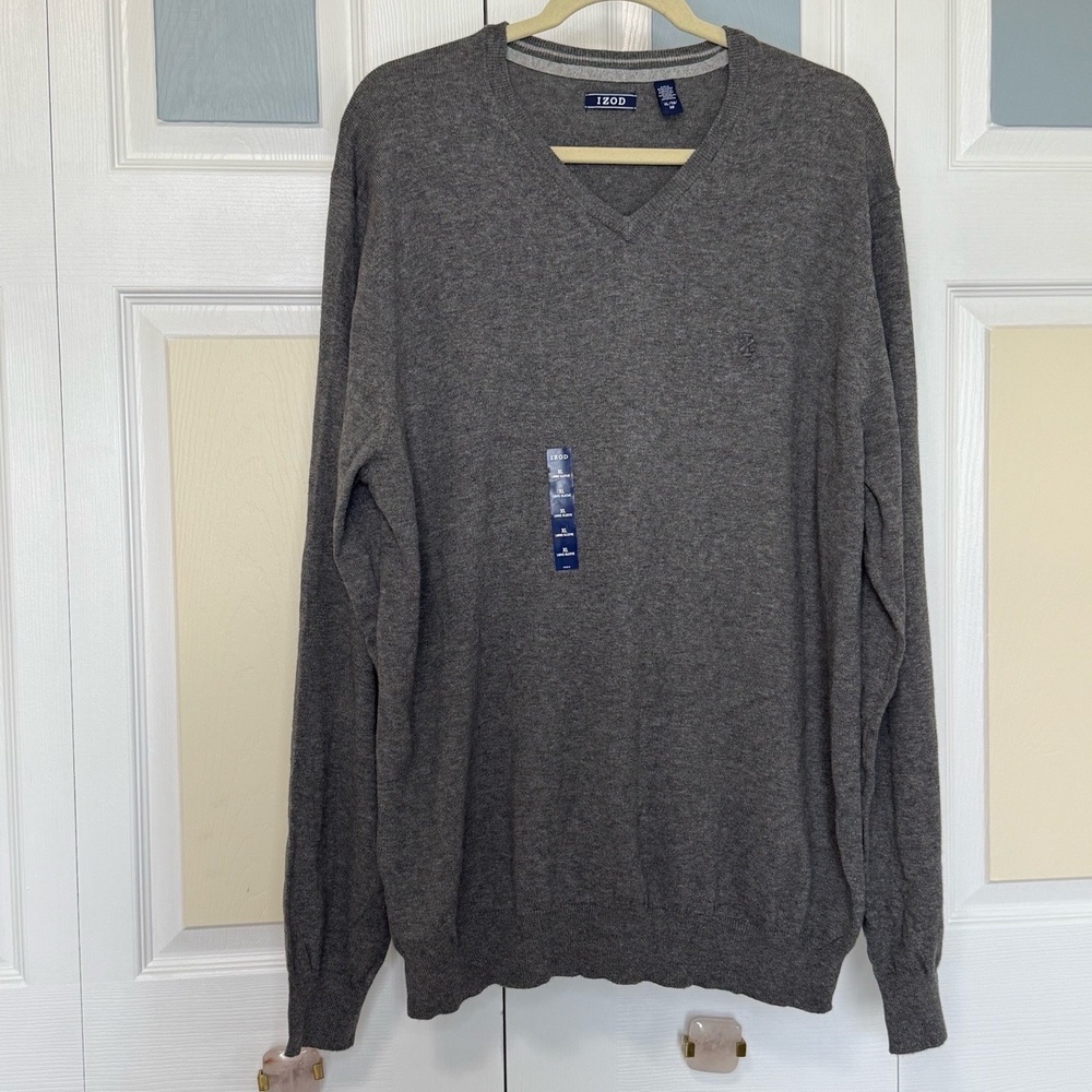 NWT IZOD‎ VNeck Sweater Mens Size XLarge Gray Cotton Wool Blend Long Sleeve